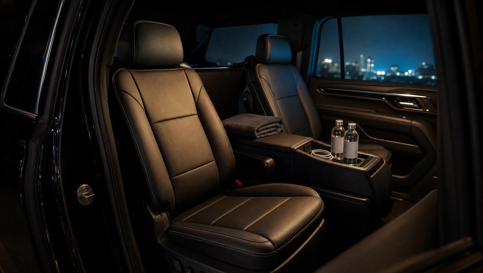 Leather rear seats of a chauffeured SUV with bottled water, city lights outside